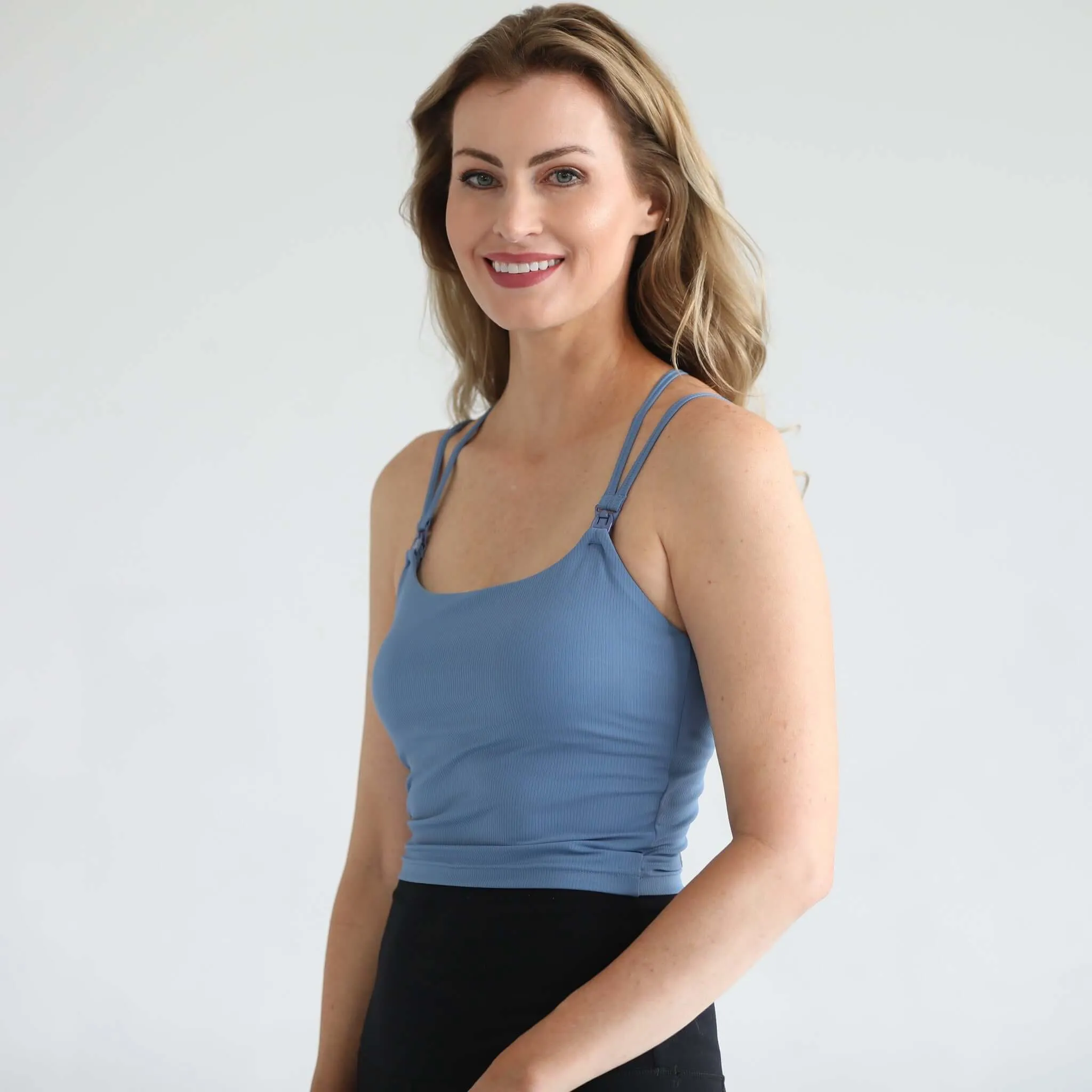Sienna Light Support Nursing Crop Tank Bra | Ribbed Ocean Blue