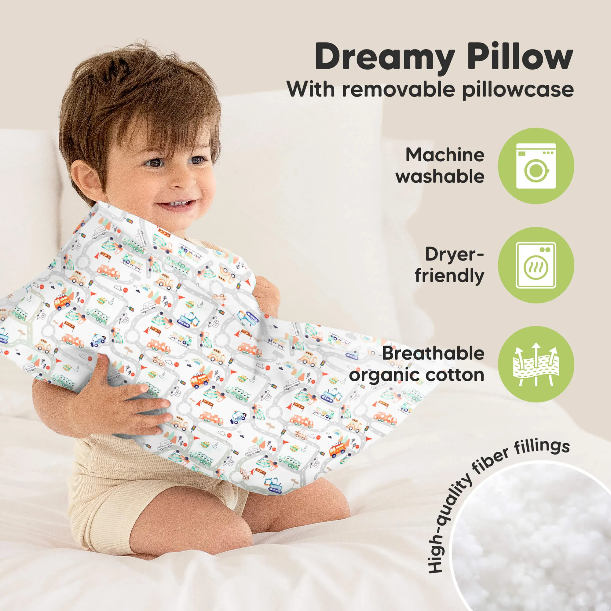 Toddler Pillow with Pillowcase (Roadway)